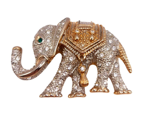 Estate Elephant Rhinestone Brooch Pin Vintage-Inspired W Green Eye~Hanging Charm
