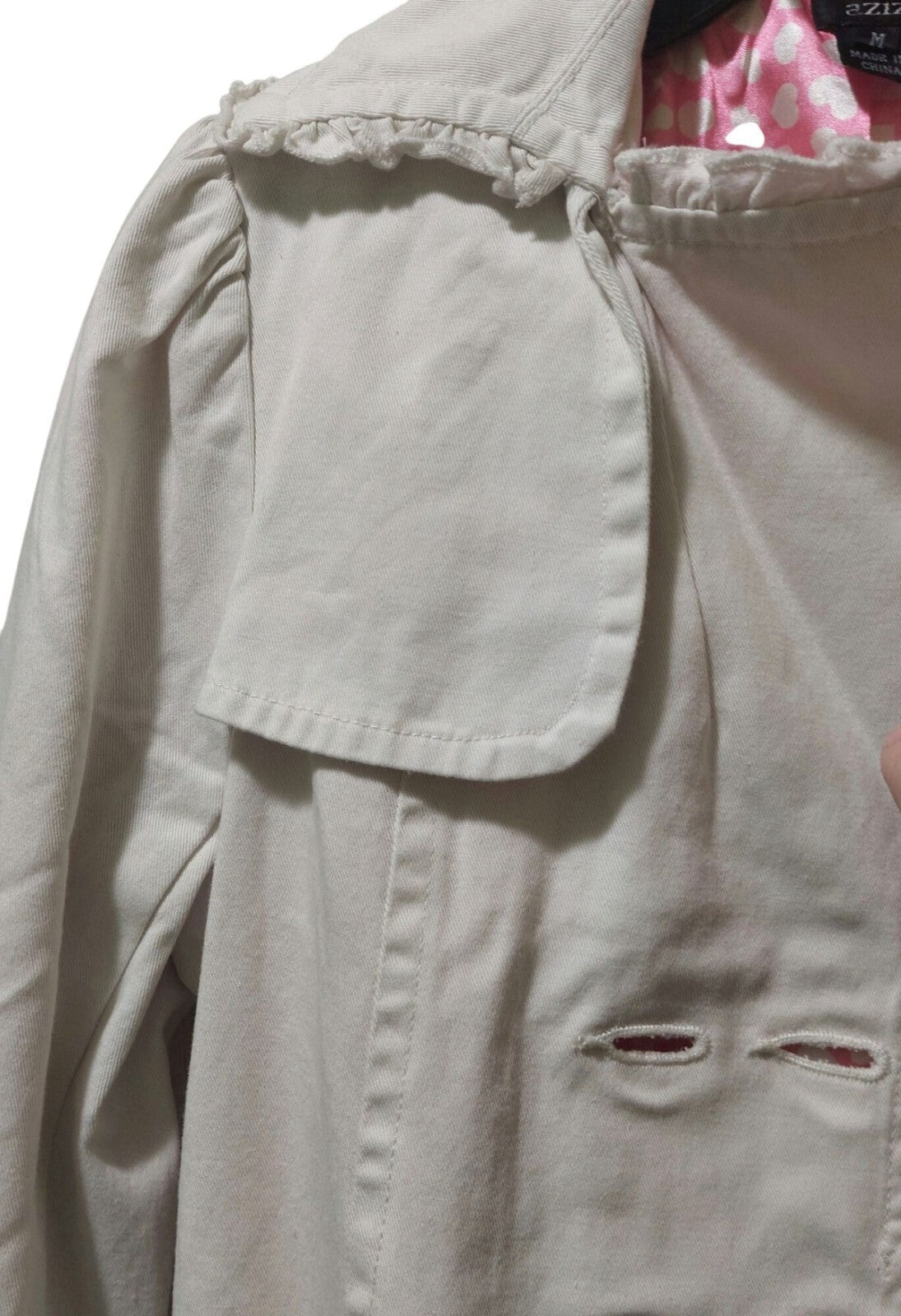 NWOT Aziz White Double-Breasted Belted Trench Coat With Ruffle Accents Medium