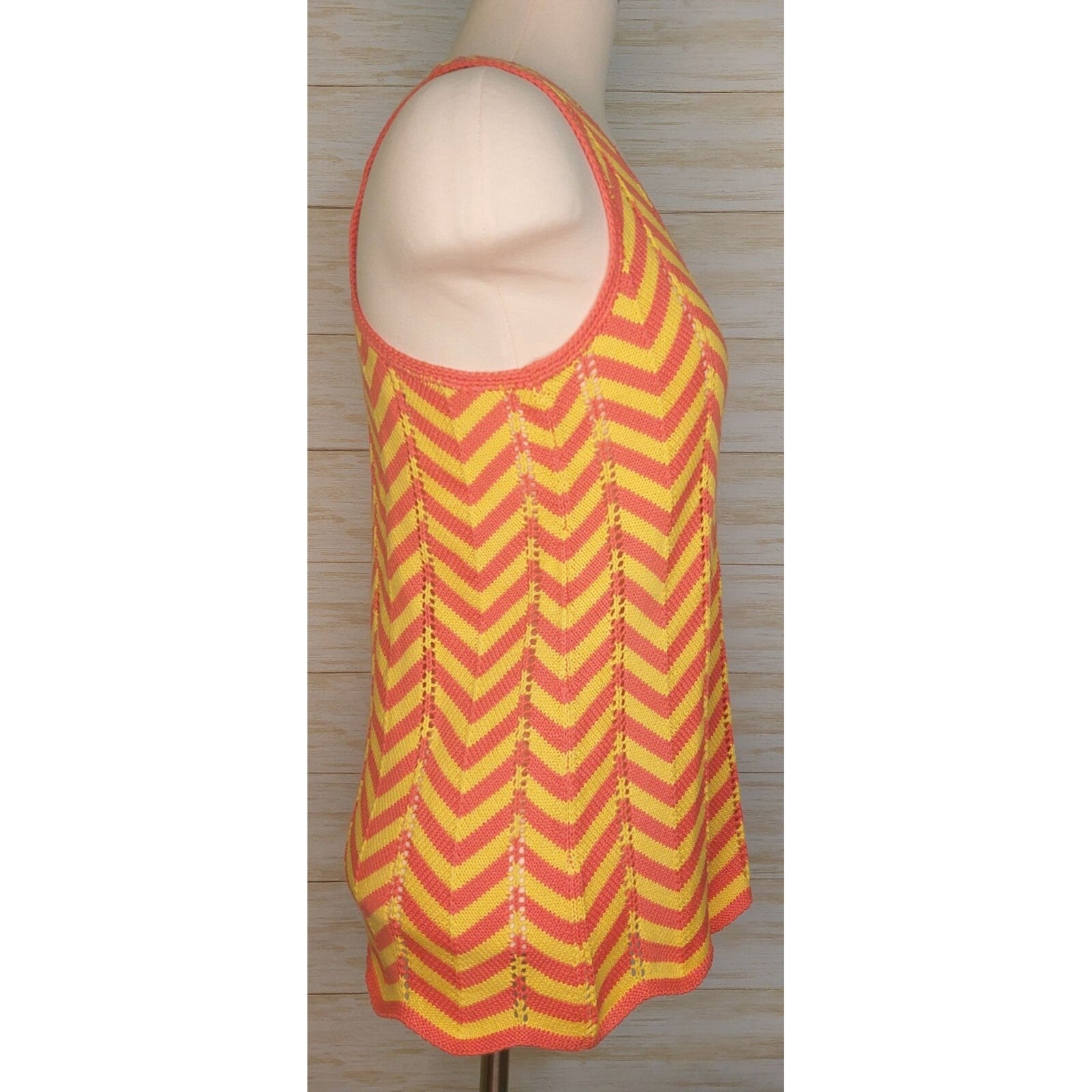 Trina Turk Zigzag Knit Tank Top - Coral Pink & Yellow Chevron Stripes Sleeveless