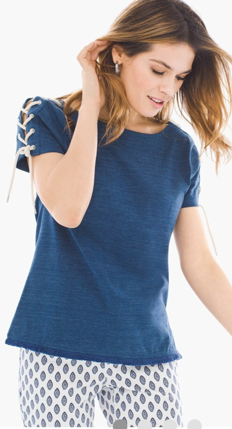 Chicos Women's Top Size 3 (XL/16) Blue~Rope Tie~ Nautical~Fringe~Boho Beachy 