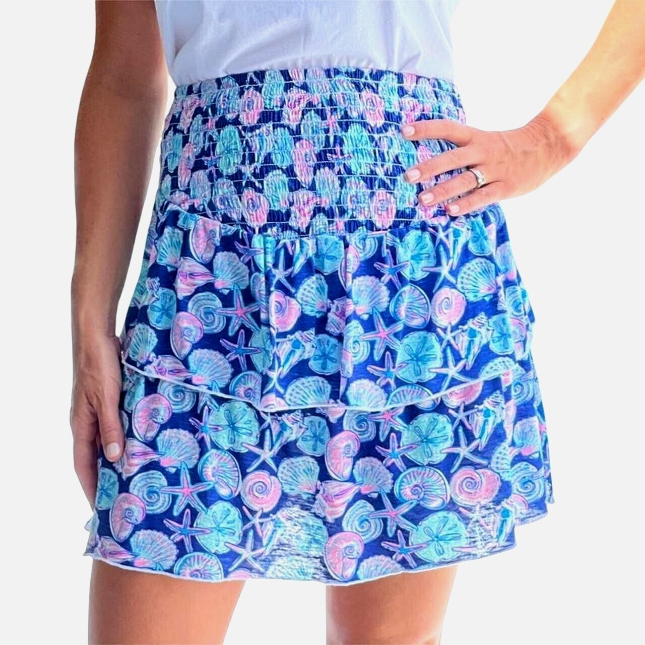 NWT Simply Southern Navy/Pink Shirred Skirt Starfish & Shell Print~Above Knee XL
