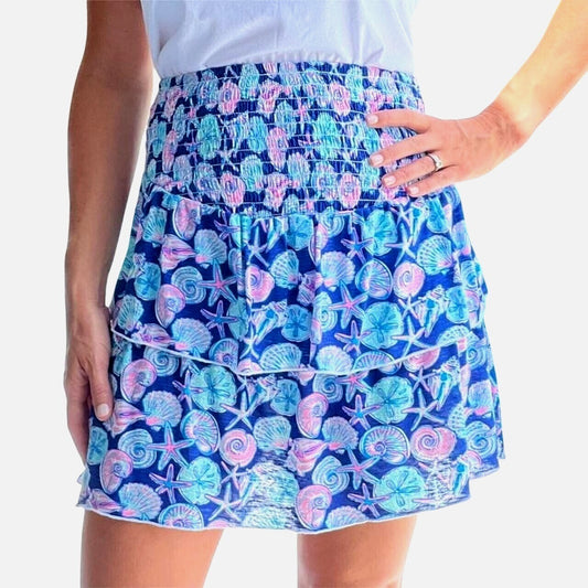 NWT Simply Southern Navy/Pink Shirred Skirt Starfish & Shell Print~Above Knee XL