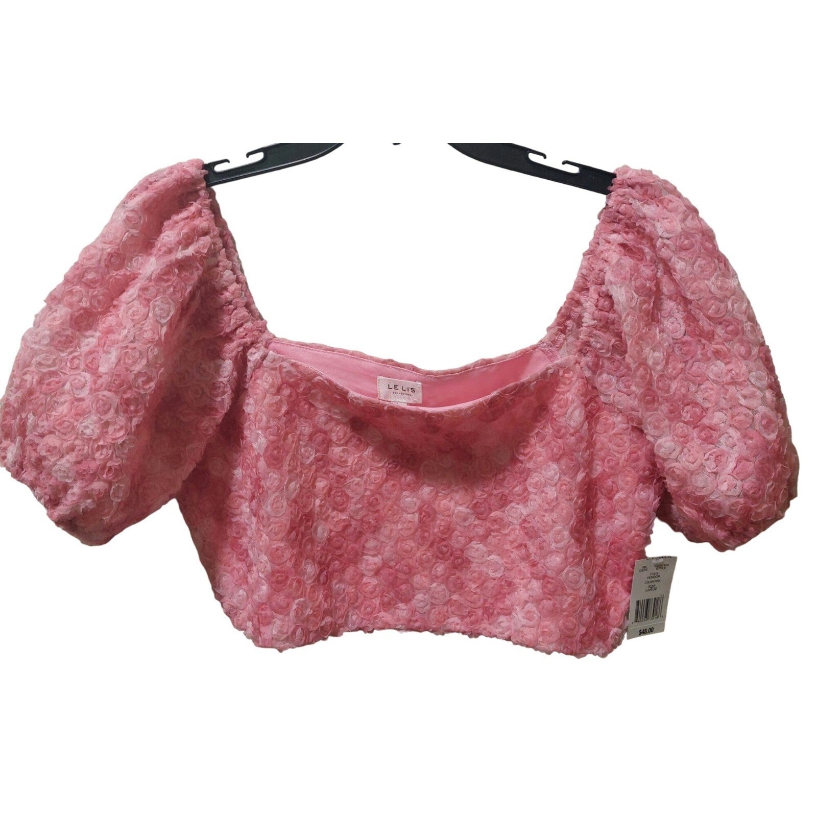 NWT Le Lis Pink Puff Sleeve Floral Crop Top W/ Textured Rose Design Large