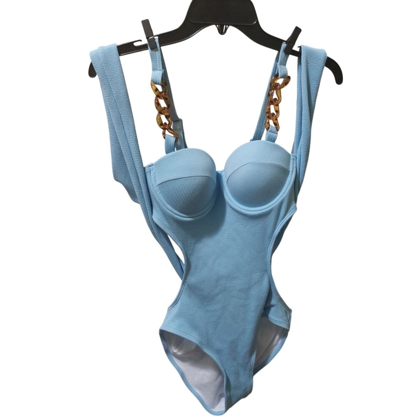 NWT Commense Light Blue Ribbed Cutout One-Piece~Swimsuit~Chain Straps~Tie Waist