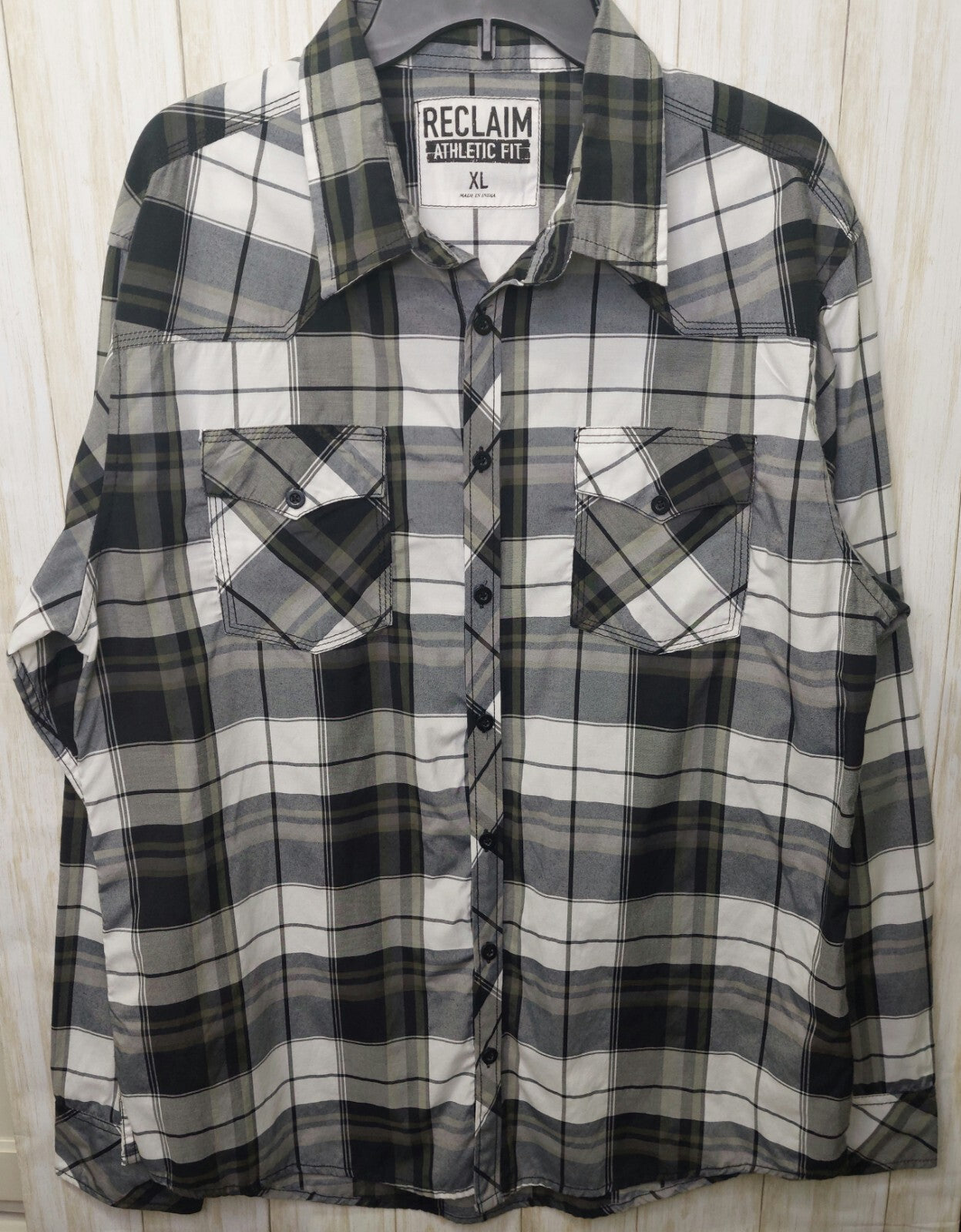 Reclaim Athletic Fit Men's Shirt Button Up~ Long Sleeve~Gray Plaid~Size XL