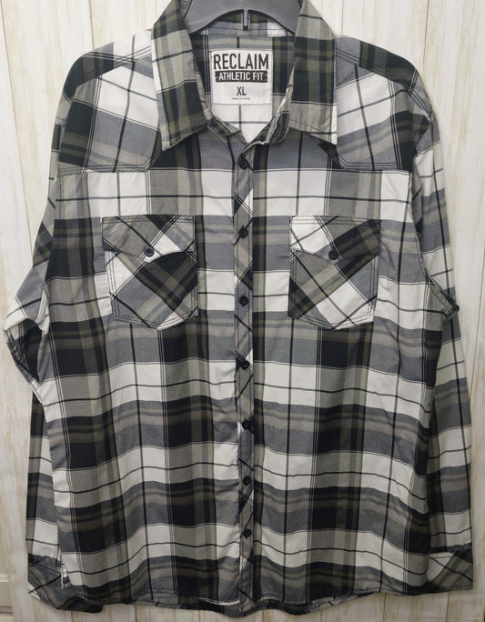 Reclaim Athletic Fit Men's Shirt Button Up~ Long Sleeve~Gray Plaid~Size XL