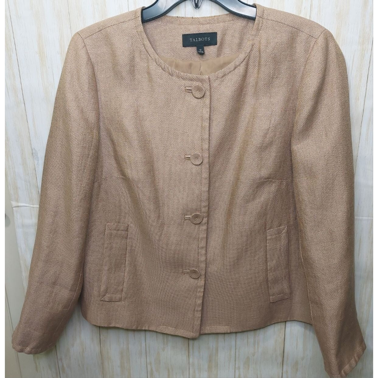 Talbots Women's Beige Metallic Thread Linen Blend Blazer Size 12 Chic~Classy