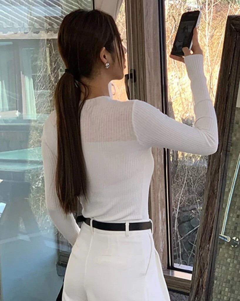 NWT Commense XL Womens White Ribbed Long Sleeve Sheer Panel Knit Top~SOFT