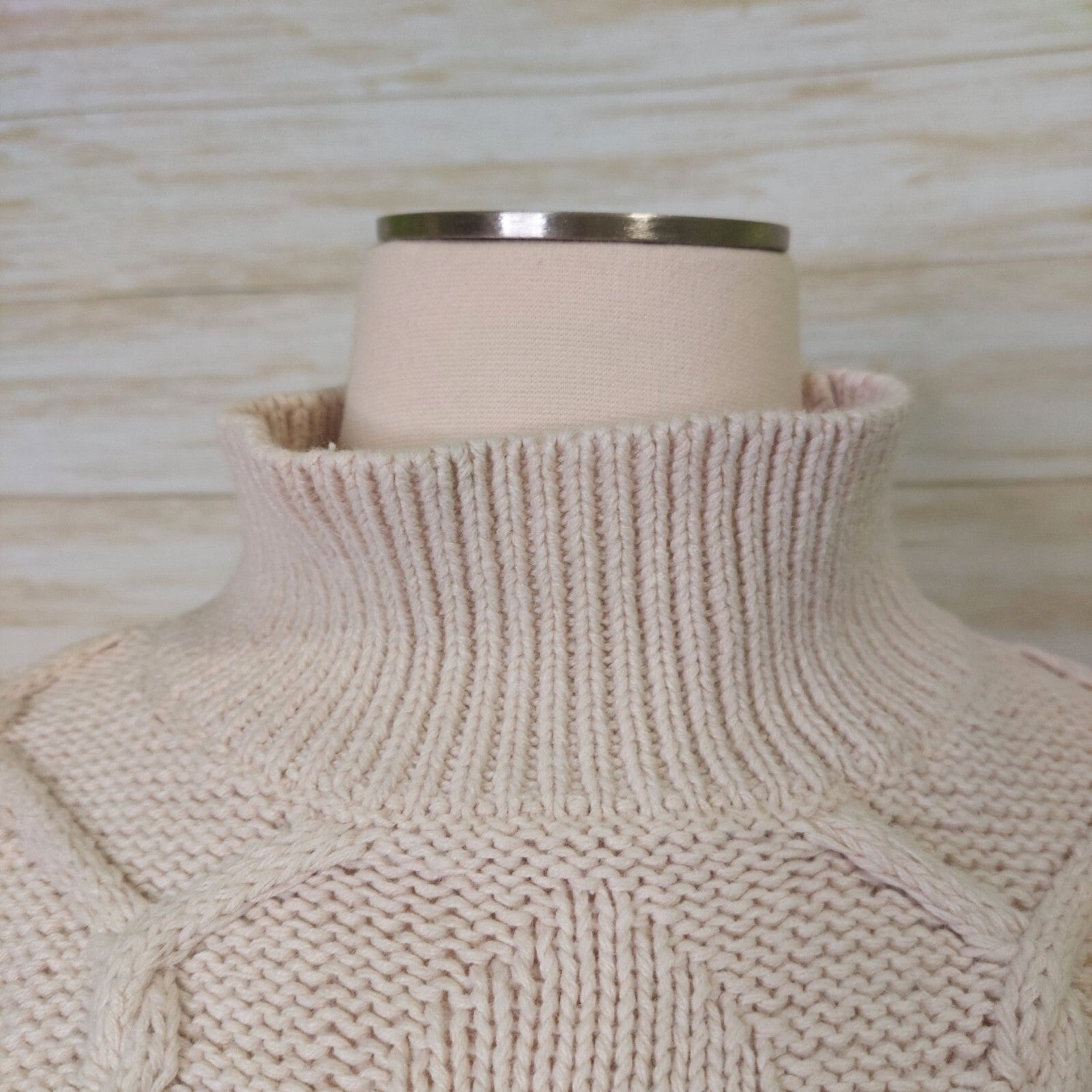 Vintage Mixed Blues Mock Neck Ivory Cable Knit Sweater Medium~80's~Heavy/Thick