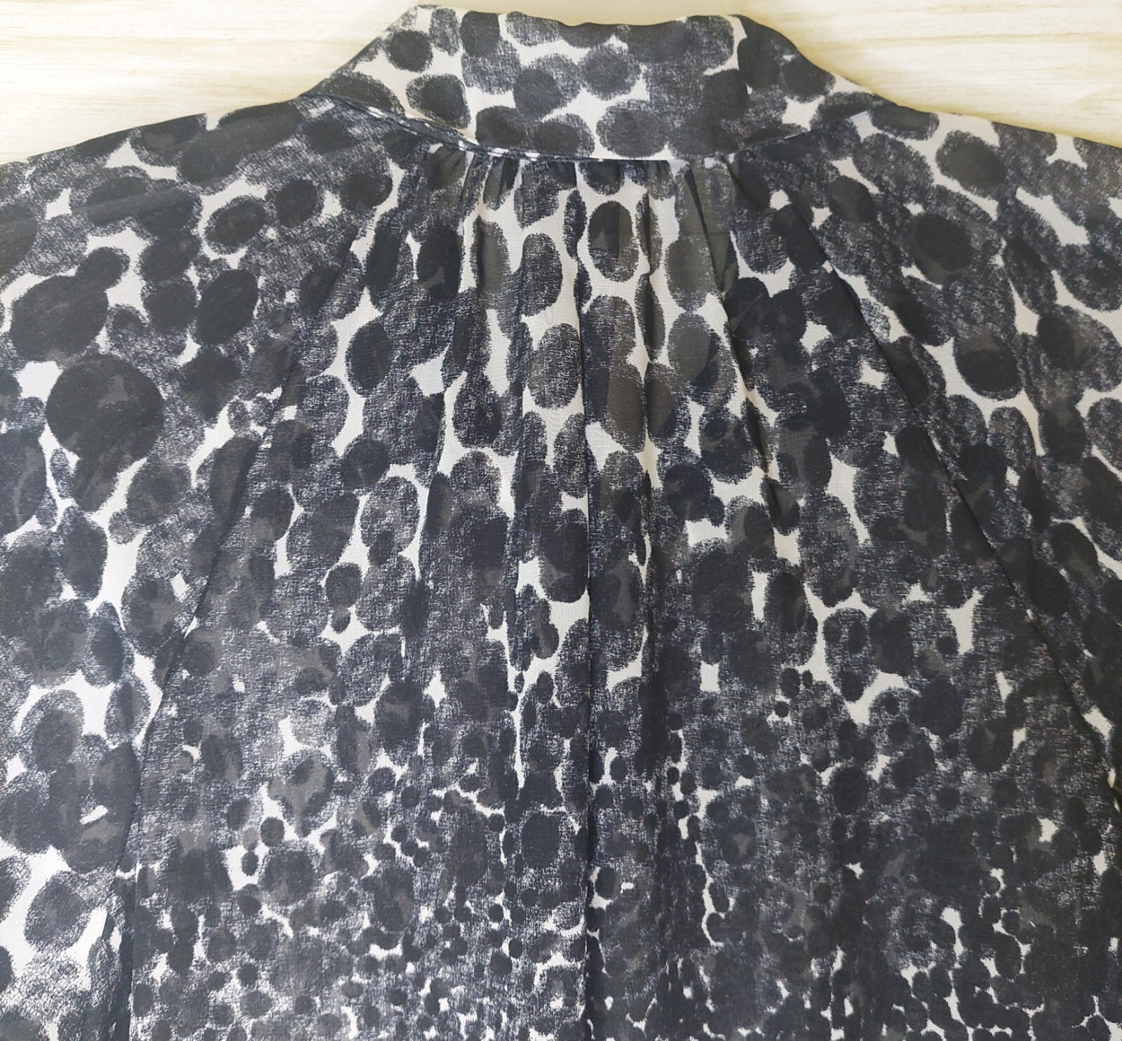Cabi Womens Sheer Blouse Med. Black White Animal Print Button Front Long Sleeve 
