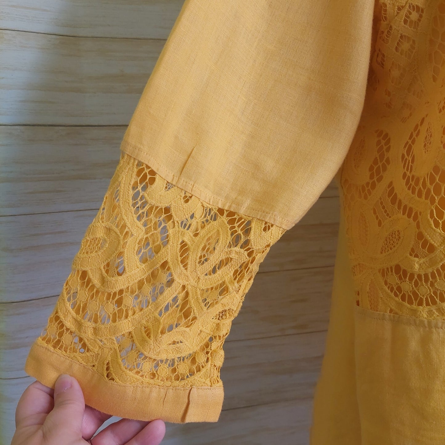 Chico's Women's Top Yellow Linen Lace Front Long Sleeve Tunic Shirt Blouse XL