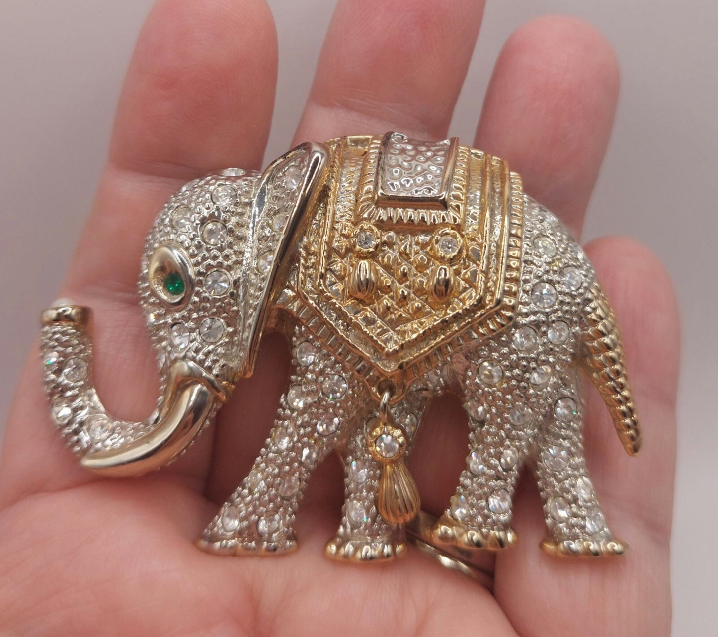 Estate Elephant Rhinestone Brooch Pin Vintage-Inspired W Green Eye~Hanging Charm
