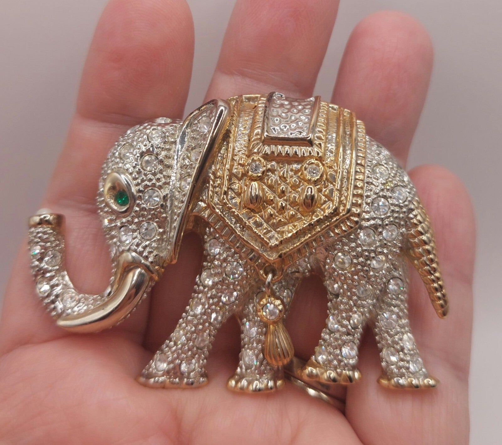 Estate Elephant Rhinestone Brooch Pin Vintage-Inspired W Green Eye~Hanging Charm