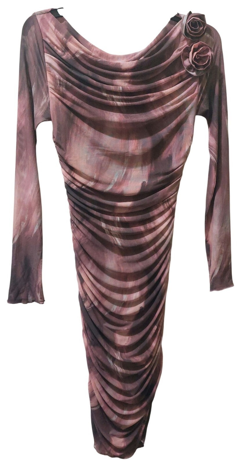 NWT Commense Women's Pink/Mauve Long Sleeve Ruched Mesh Dress W/ Rosette's Large