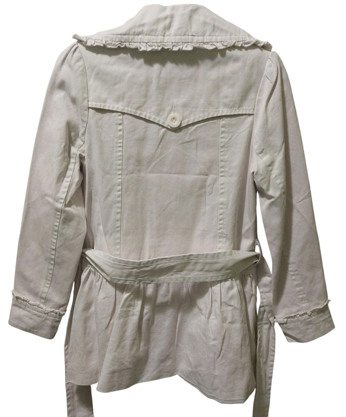 NWOT Aziz White Double-Breasted Belted Trench Coat With Ruffle Accents Medium