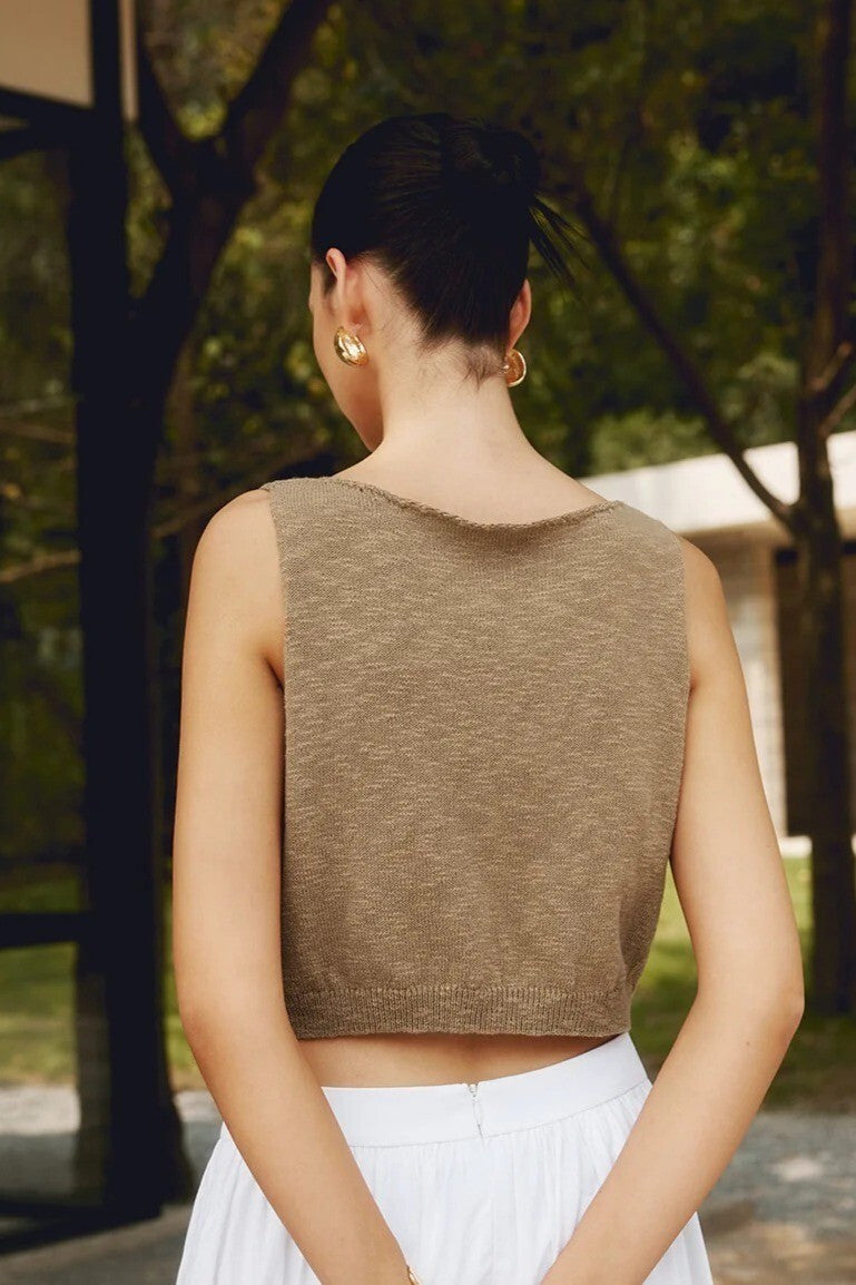 NWT Commense Womens Sleeveless Brown Knit Cropped Top Cotton Blend Size Large