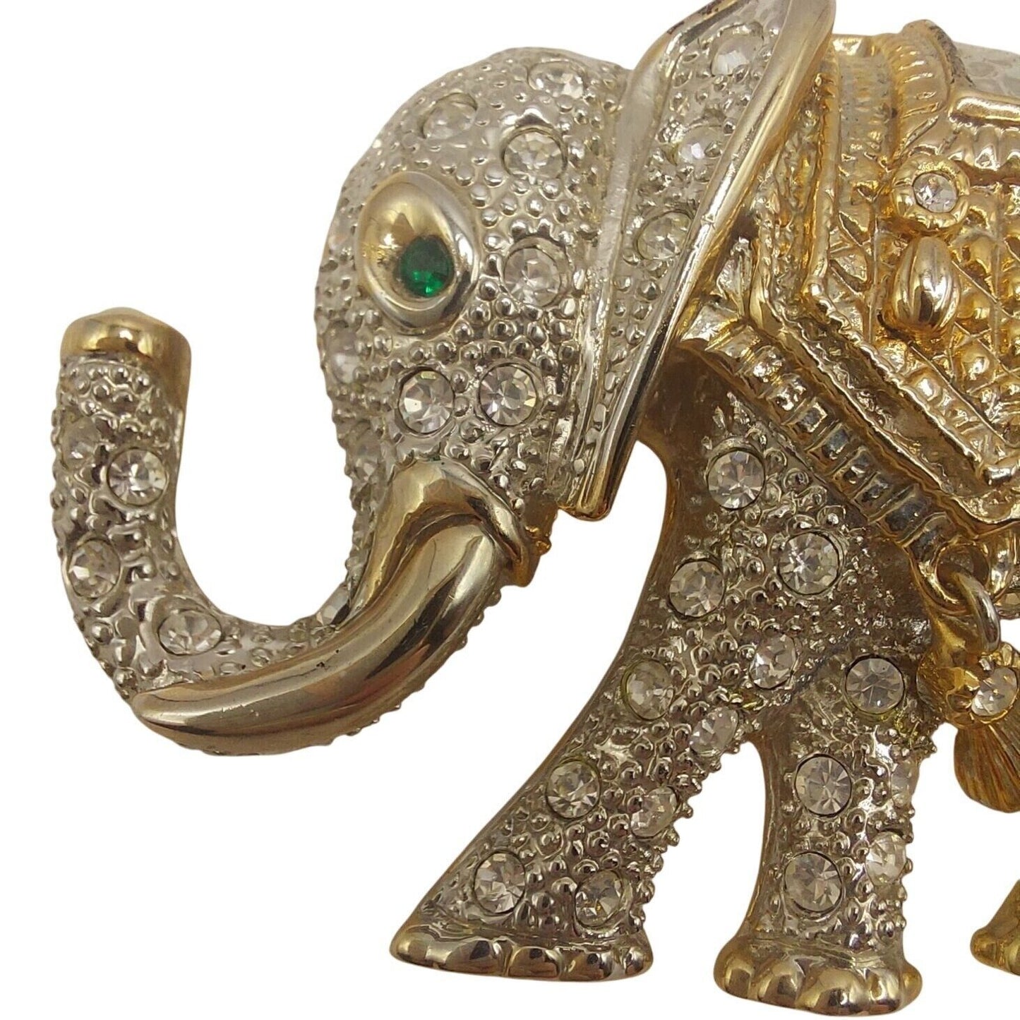 Estate Elephant Rhinestone Brooch Pin Vintage-Inspired W Green Eye~Hanging Charm