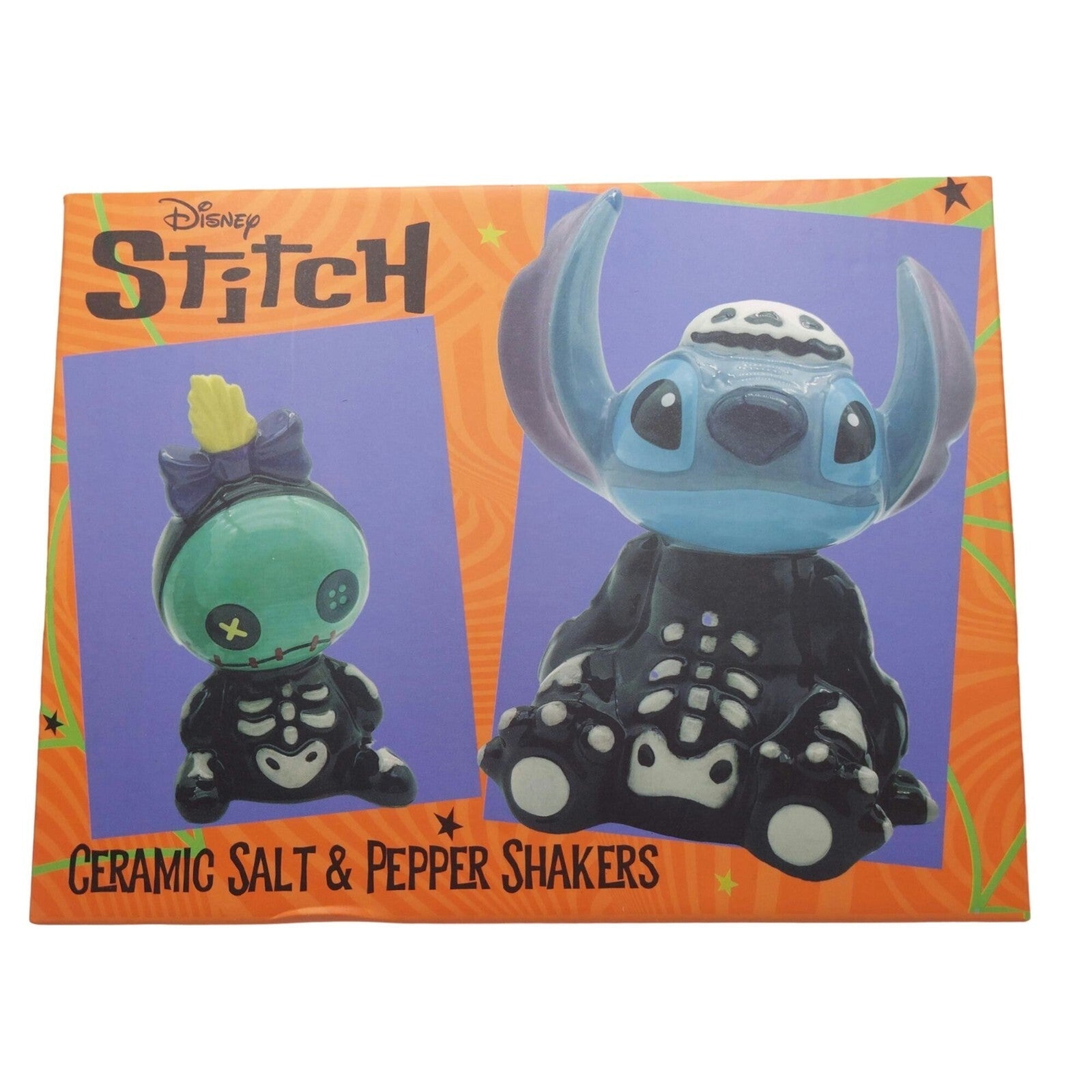 NIB Disney Stitch & Scrump Halloween Skeleton Ceramic Salt & Pepper Shaker Set