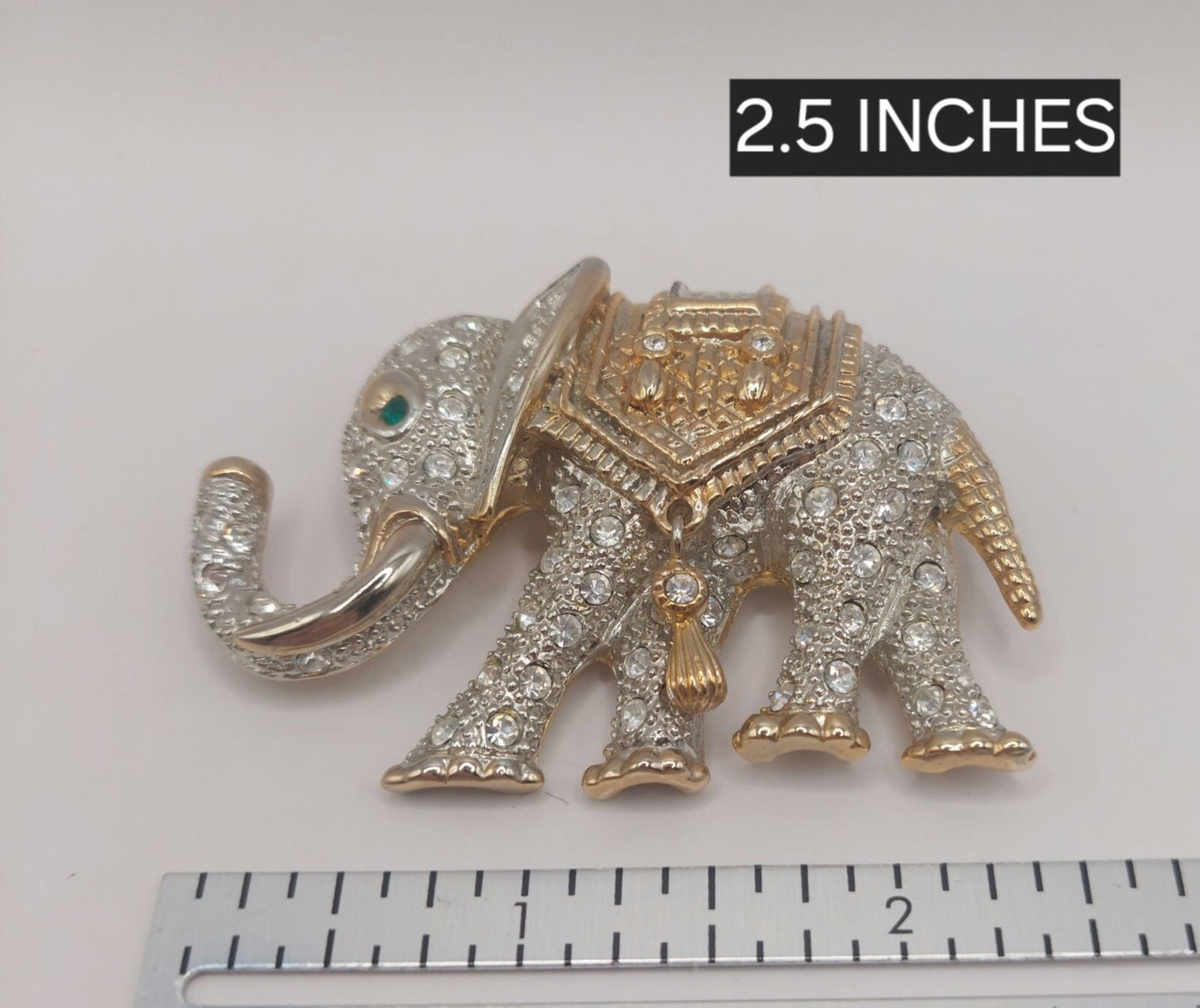 Estate Elephant Rhinestone Brooch Pin Vintage-Inspired W Green Eye~Hanging Charm