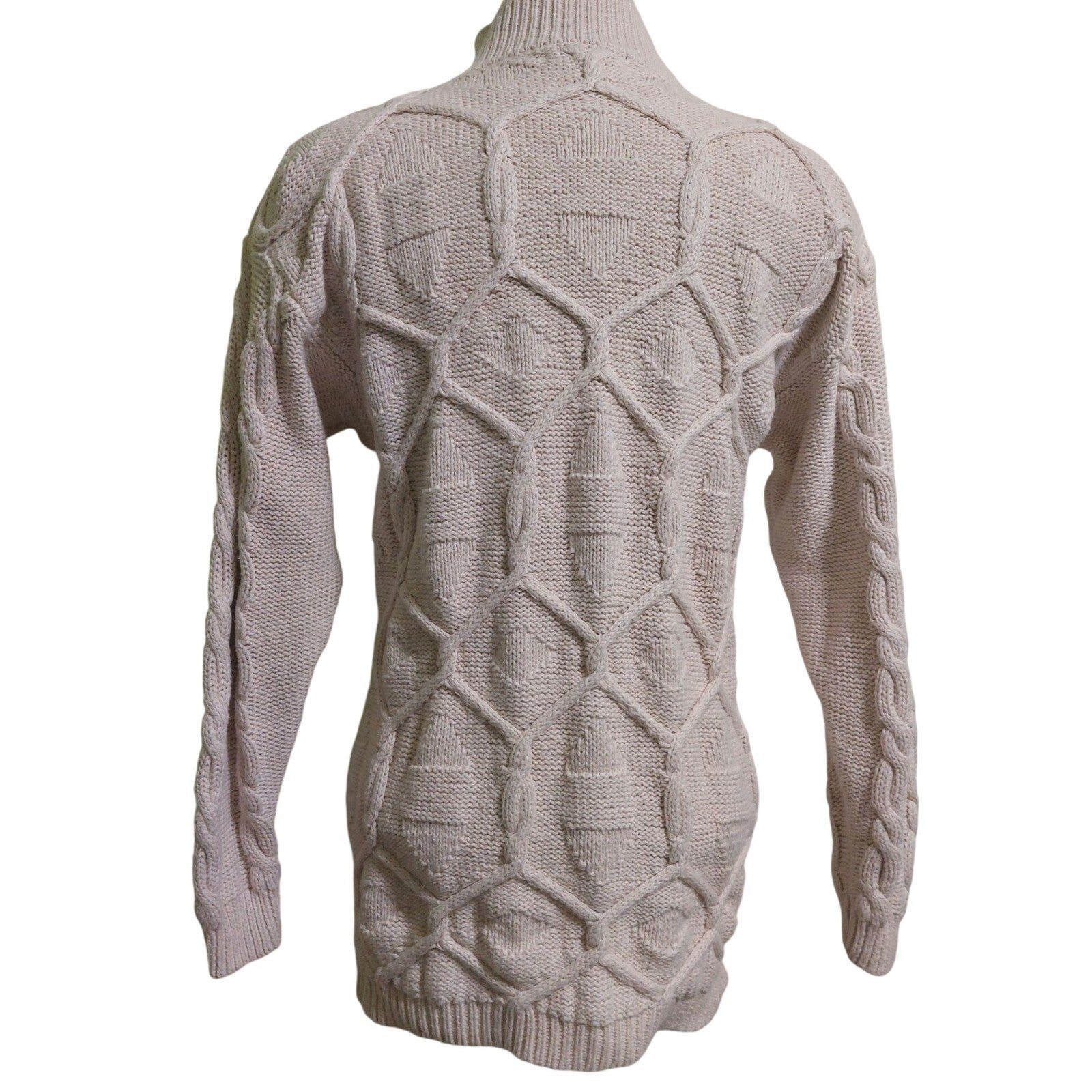 Vintage Mixed Blues Mock Neck Ivory Cable Knit Sweater Medium~80's~Heavy/Thick