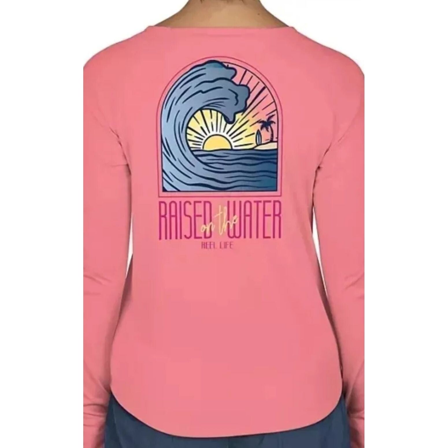 Reel Life Womens Jax Beach Long Sleeve UV Shirt "Raised By Water" M Salmon Rose
