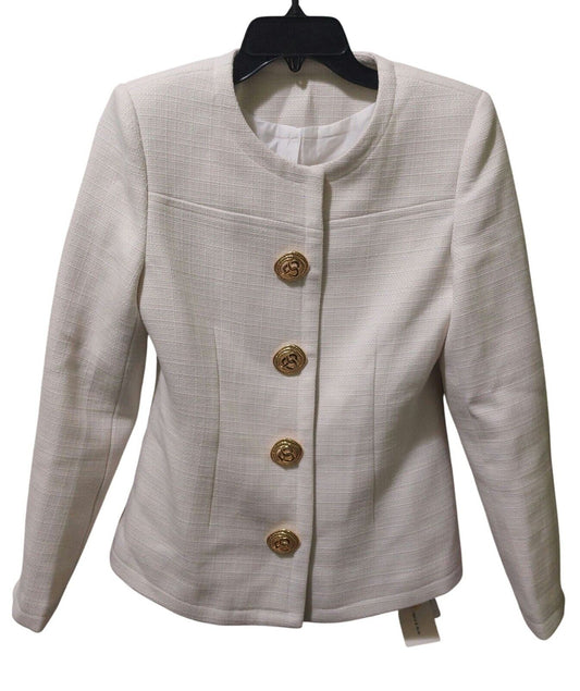 NWT Commense Women's Medium White Textured Blazer Gold Buttons~Shoulder Pads