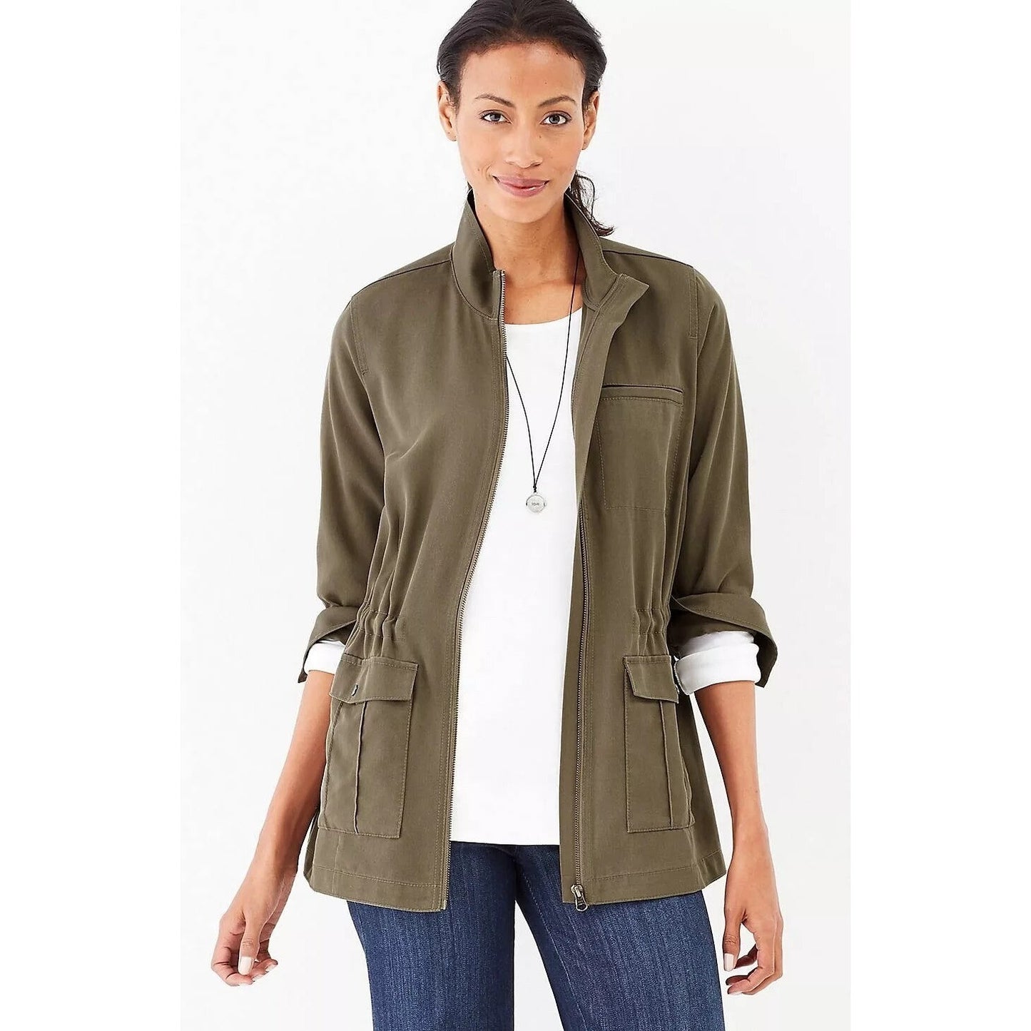 J. Jill Women's XS Lightweight Zip Jacket 100% Tencel Lyocell Olive Green Soft