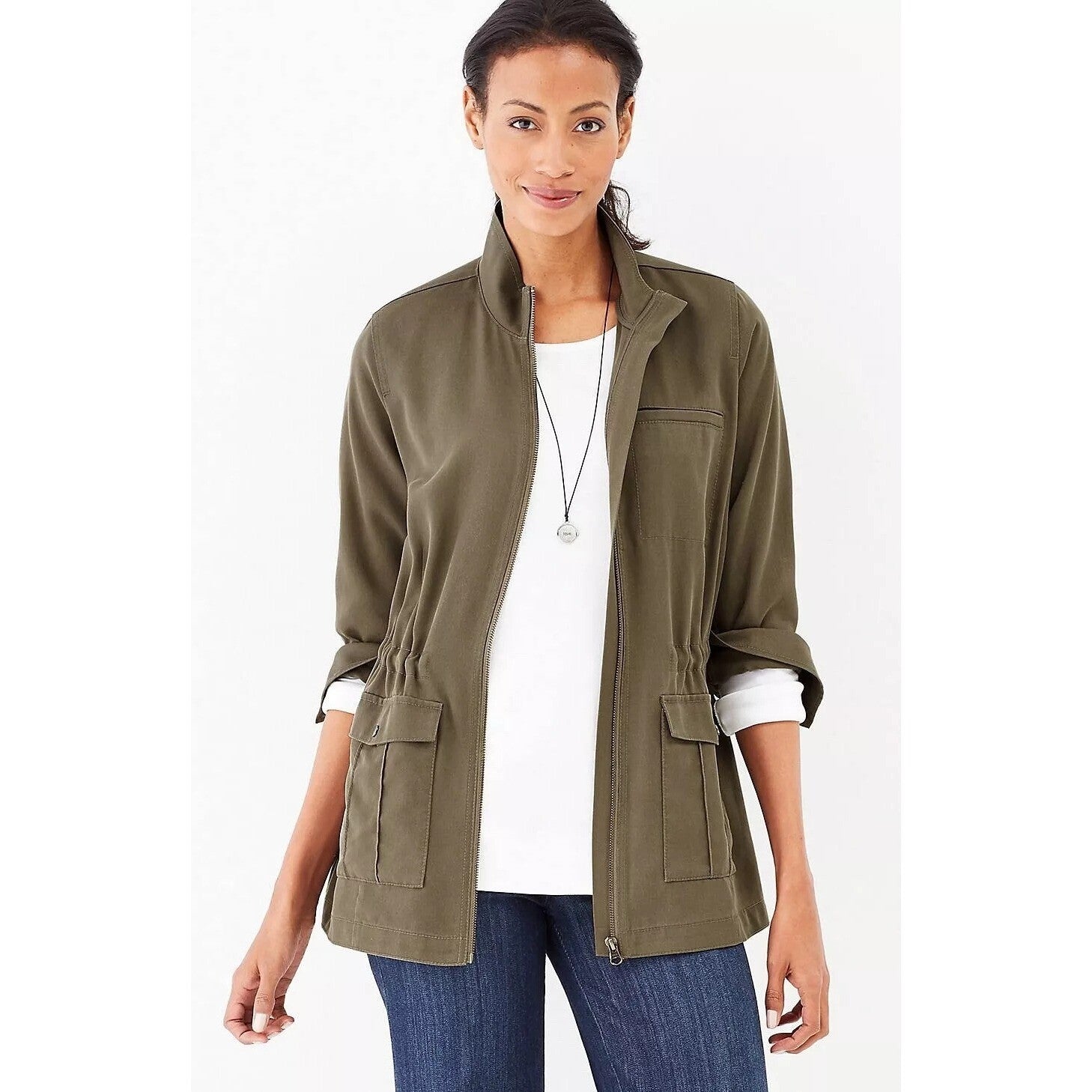 J. Jill Women's XS Lightweight Zip Jacket 100% Tencel Lyocell Olive Green Soft