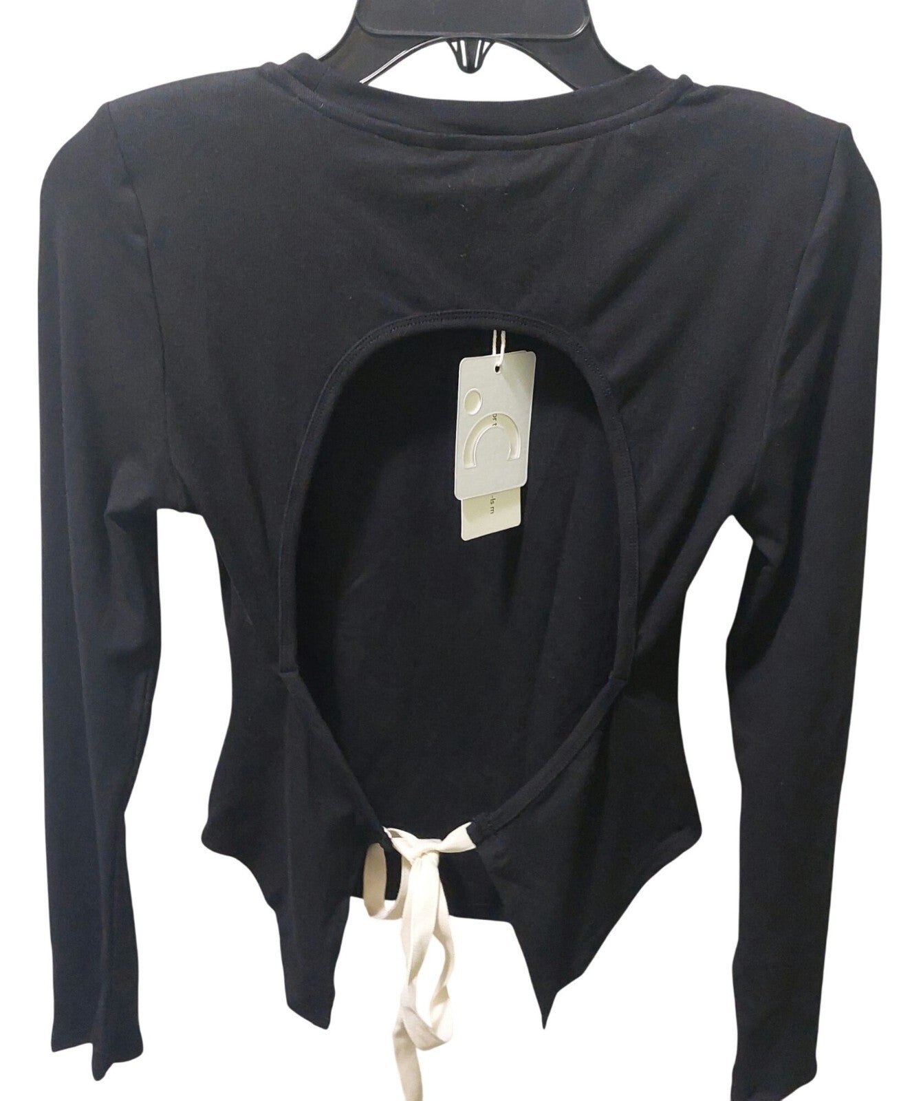 NWT Commense Black Long Sleeve Open Back Tie Detail Top W/ Shoulder Pads Medium