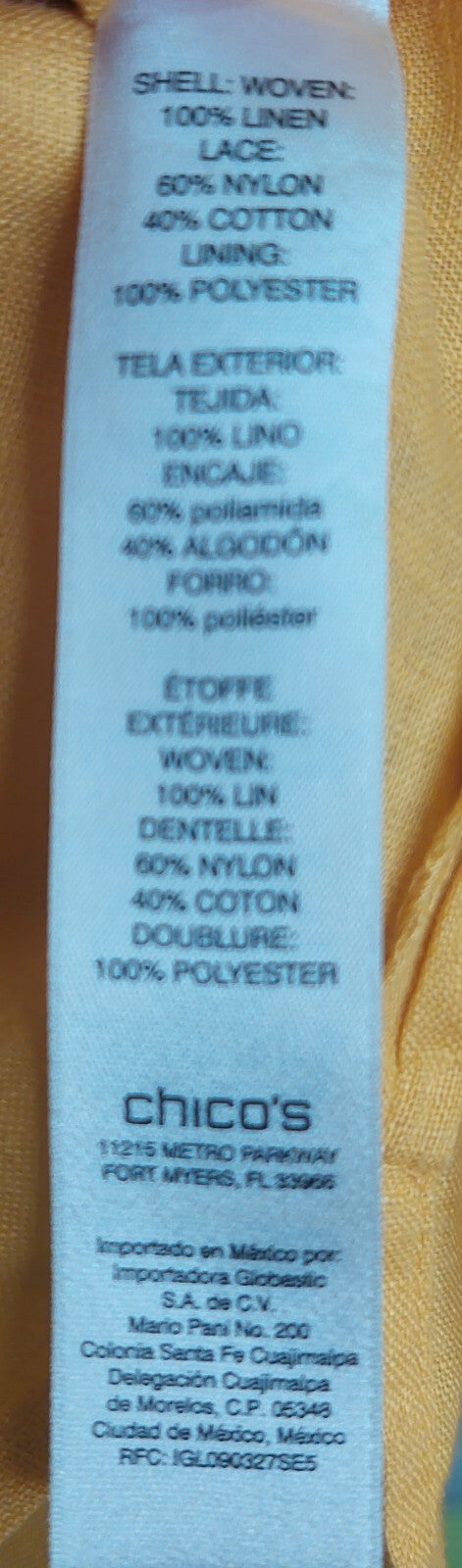 Chico's Women's Top Yellow Linen Lace Front Long Sleeve Tunic Shirt Blouse XL