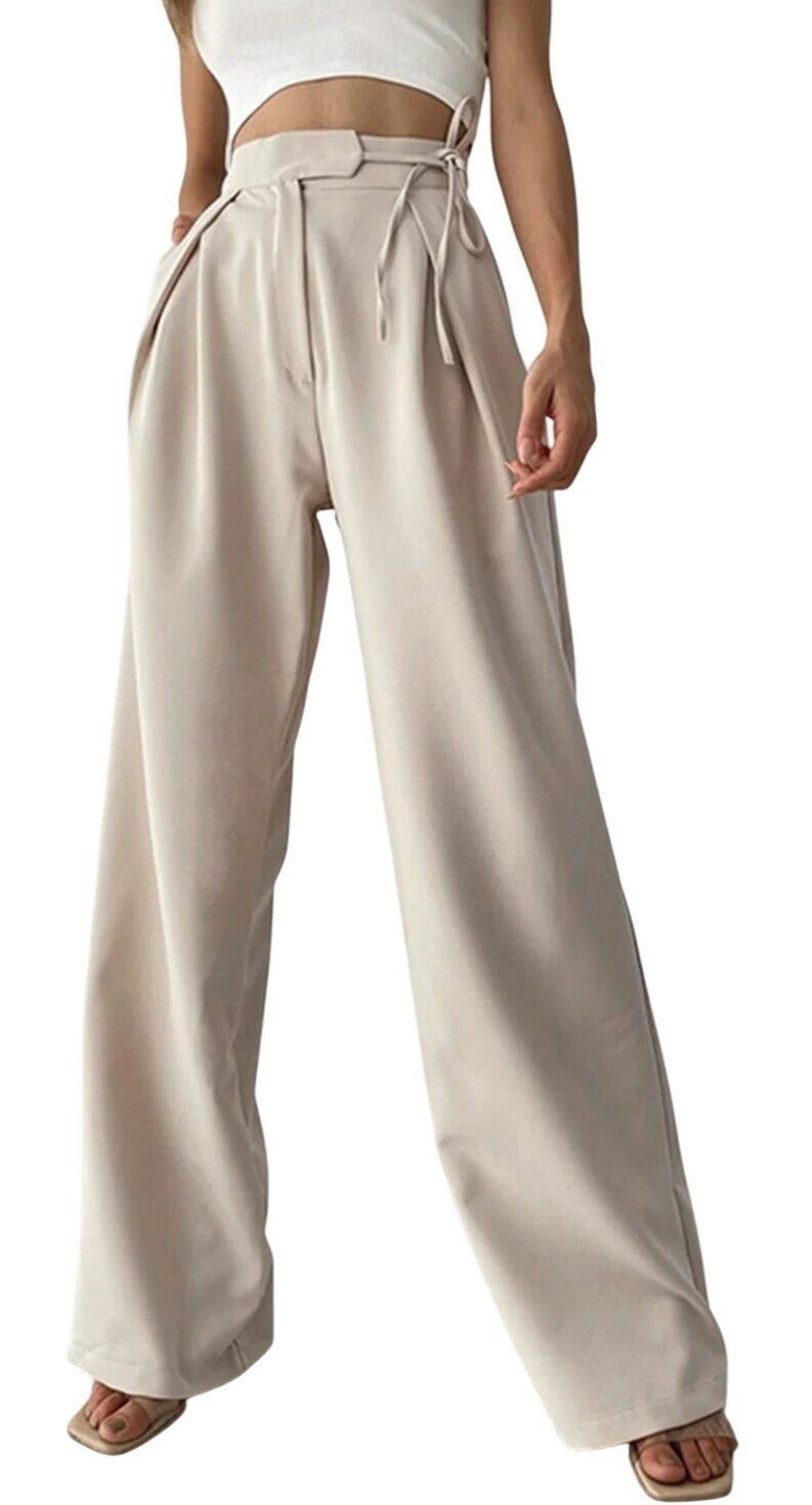 NWT Commense Womens High-Waisted Wide Leg Dress Pants W/Tie Beige Large