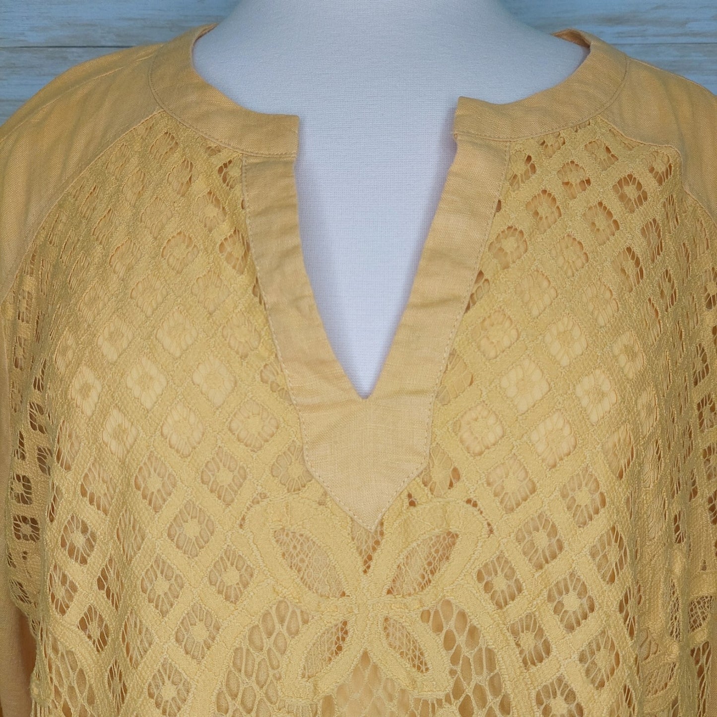 Chico's Women's Top Yellow Linen Lace Front Long Sleeve Tunic Shirt Blouse XL