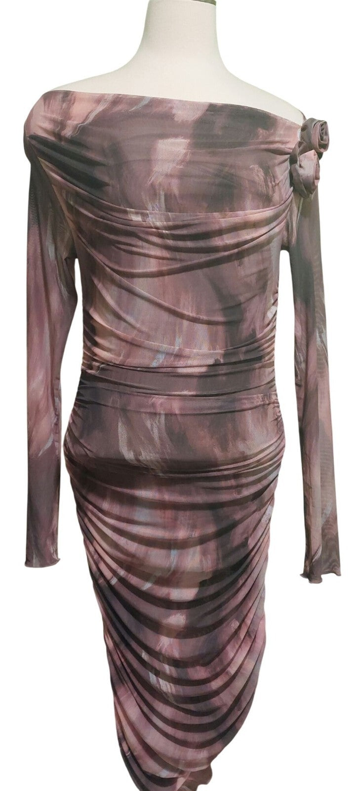 NWT Commense Women's Pink/Mauve Long Sleeve Ruched Mesh Dress W/ Rosette's Large