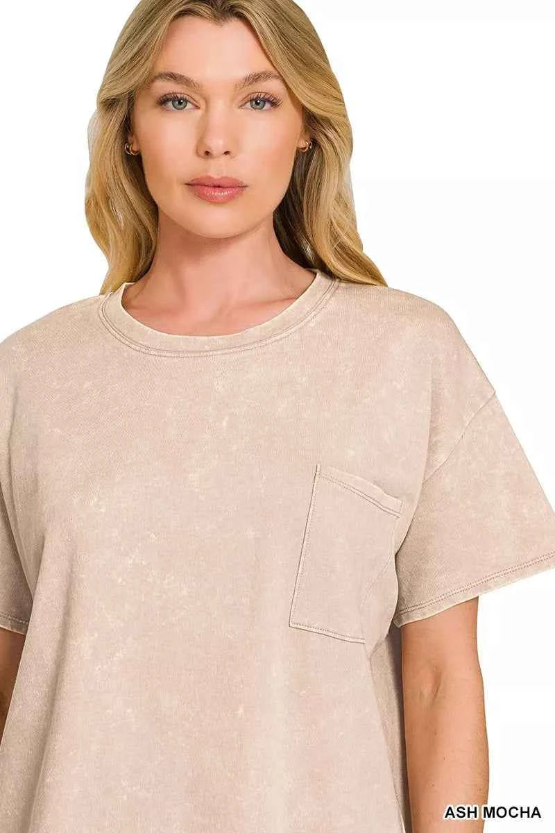 Ash Mocha French Terry Acid Washed Relaxed Top & Short Set | Zenana