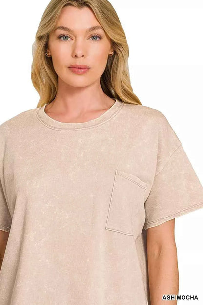 Ash Mocha French Terry Acid Washed Relaxed Top & Short Set | Zenana