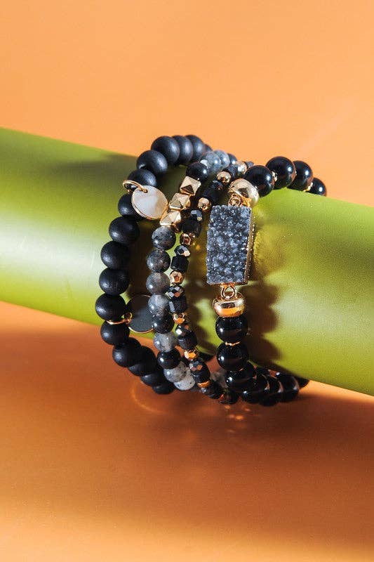 DRUZY WOOD NATURAL BEAD 4 ROW STRETCH BRACELET SET - BLACK/GREY