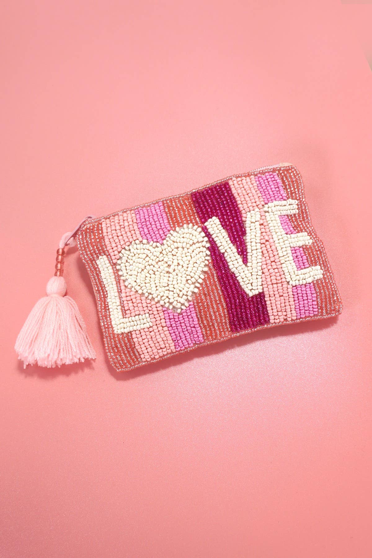 VALENTINE'S DAY LOVE SEED BEAD RAINBOW COIN PURSE | 91CP894: Pink
