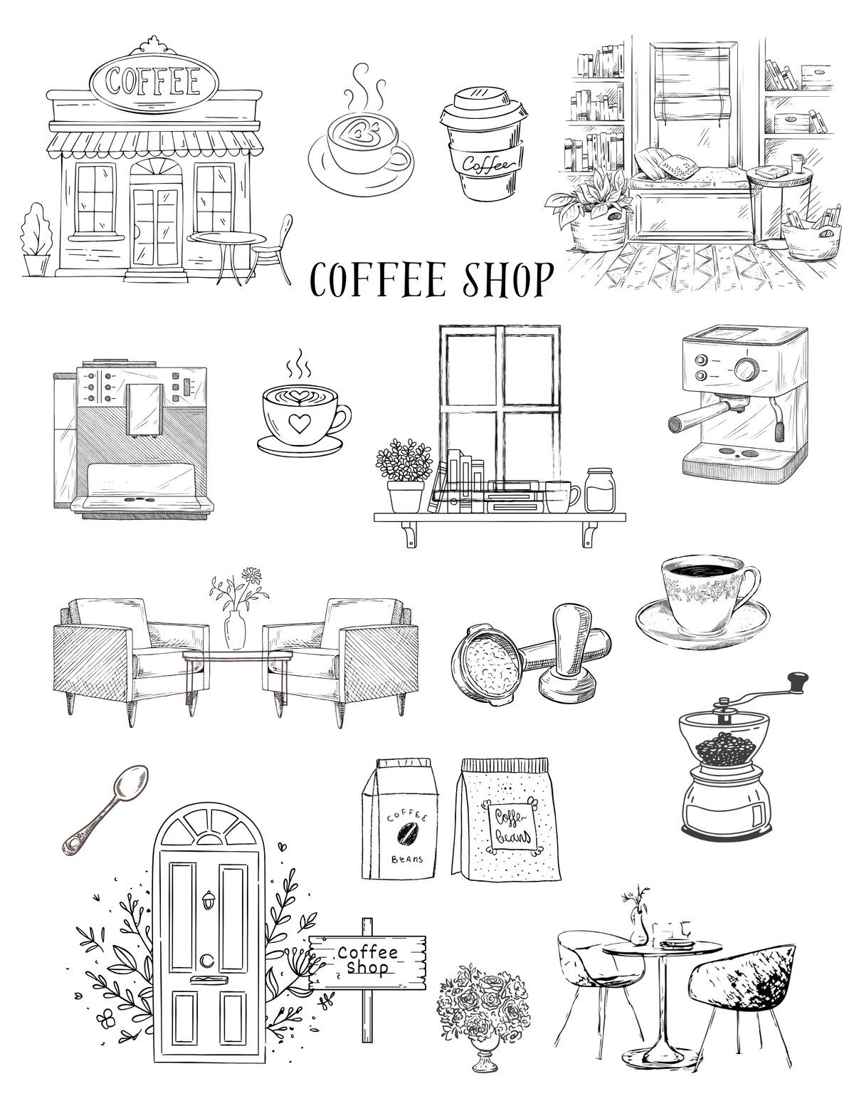 The Paper Garden Coffee Shop color-your-own sticker scene kit with illustrated coffee shop, furniture and décor stickers