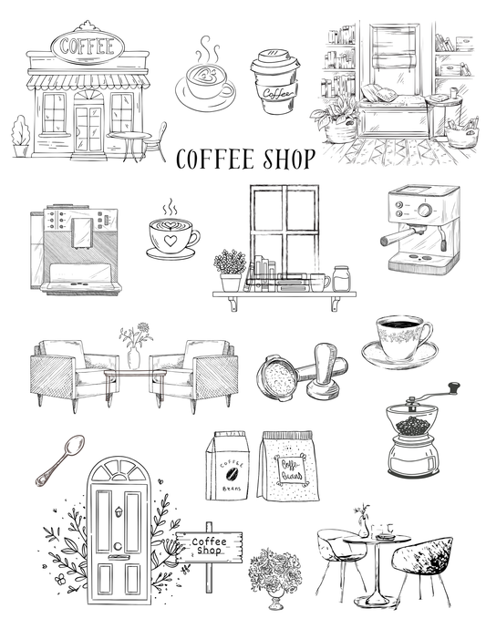 The Paper Garden Coffee Shop color-your-own sticker scene kit with illustrated coffee shop, furniture and décor stickers