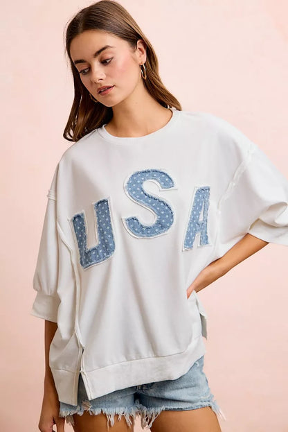 Ivory 4th Of July USA Letter Patchwork 3/4 Sleeve French Terry Top|BiBi