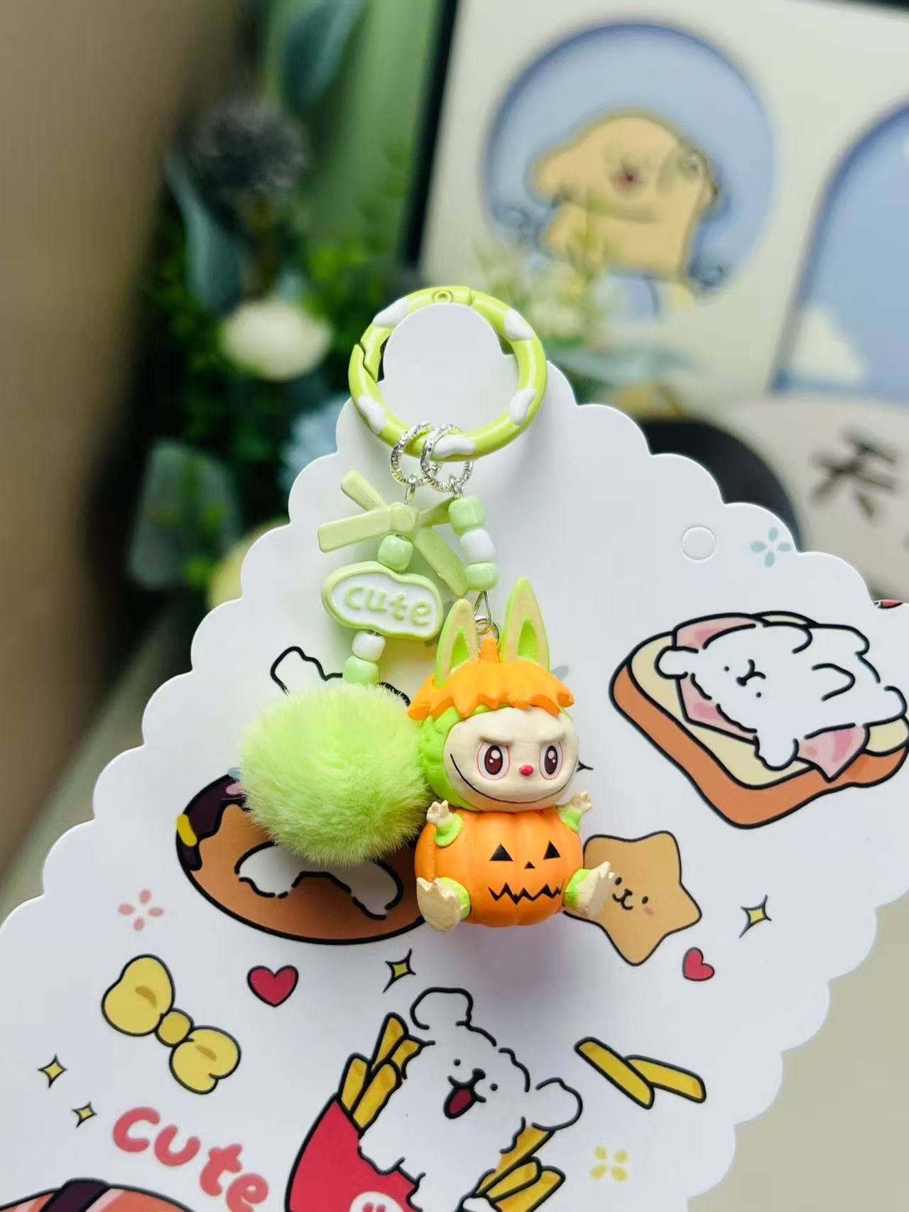 Halloween pumpkin labubu keychain bag pendant: Black flocking