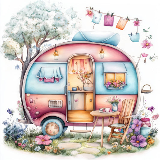 A whimsical illustrated camper trailer surrounded by flowers, a tree, hanging lanterns, clotheslines, a small table and chair, and laundry draped outside. 