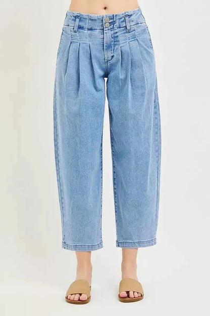 Medium Wash Slouchy Crop Barrel Pleated Jeans by Risen