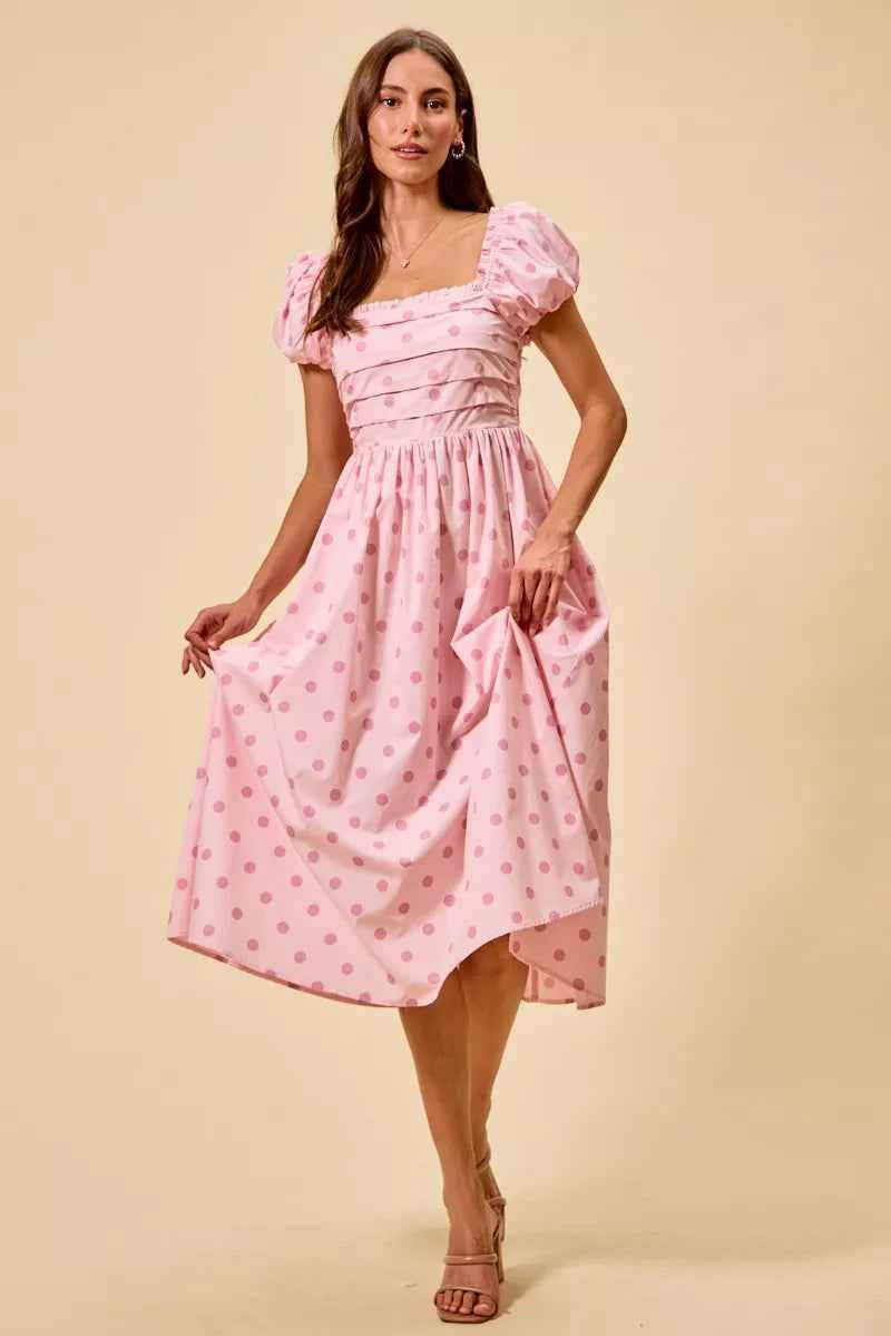 Pink Polka Dot Cotton Midi Dress Short Sleeve w/ Pockets by So Me