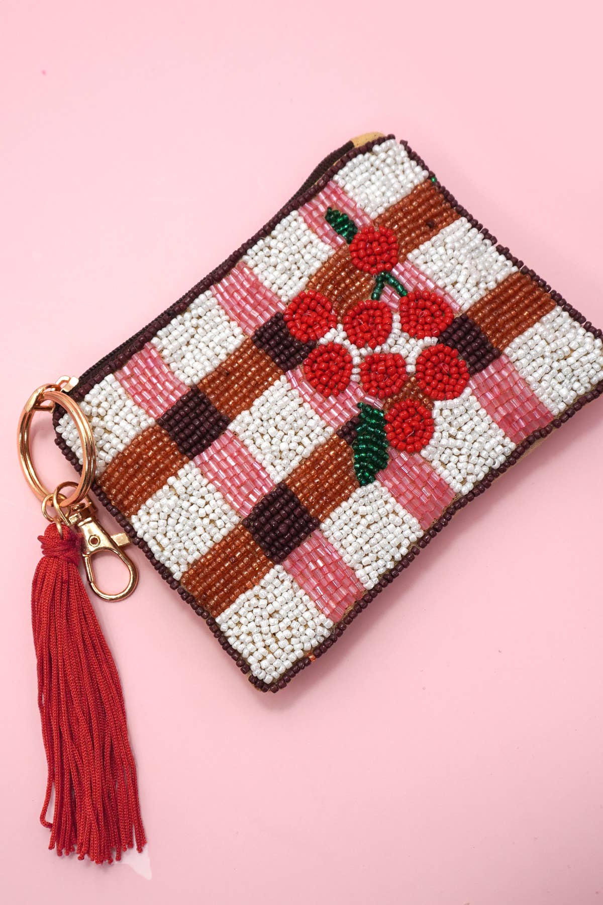 CHECKER FRUIT SEED BEAD COIN TASSEL PURSE 91CP1008: CHERRY 980