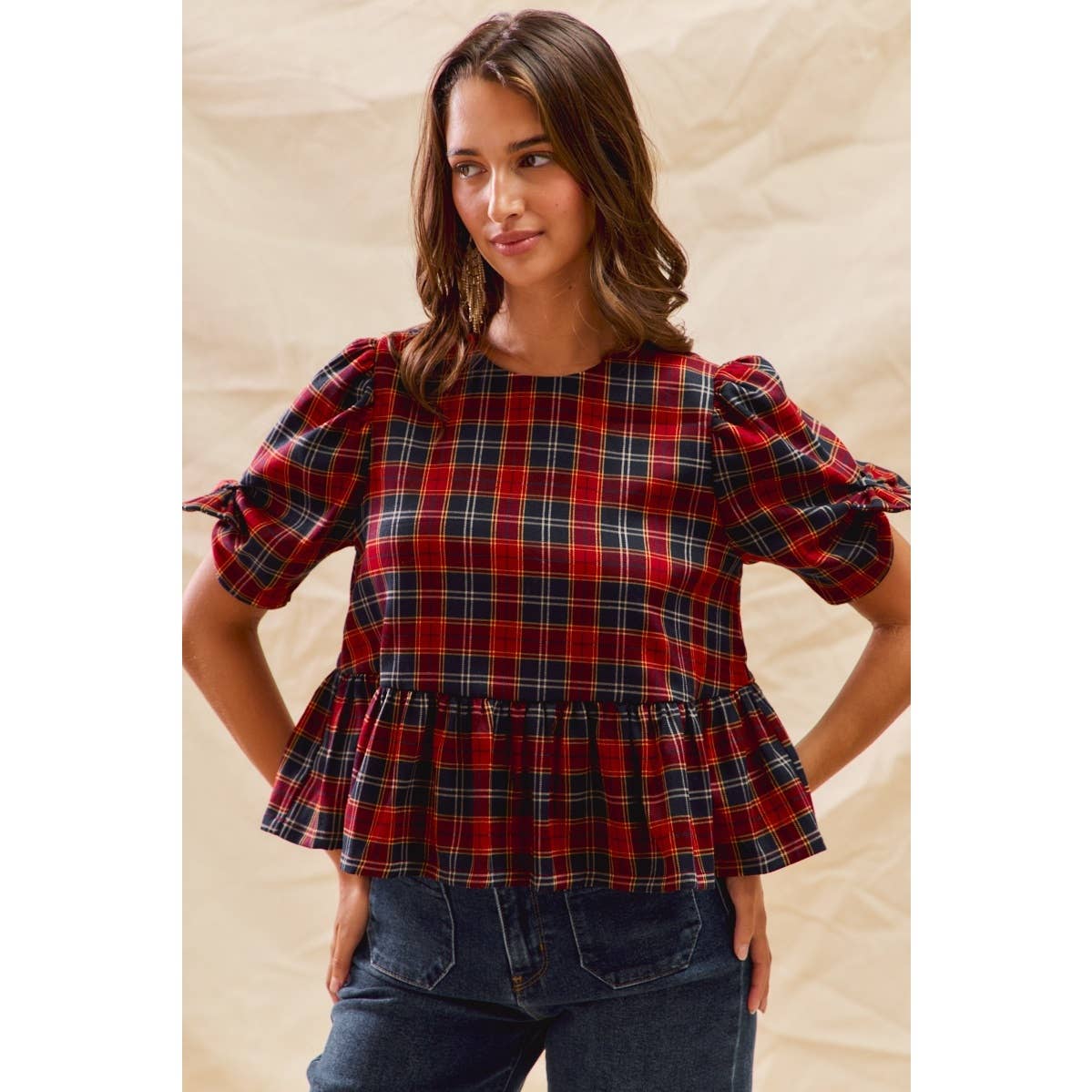 Red/Navy Christmas Holiday Plaid Ribbon Short Sleeve Peplum Top by So Me