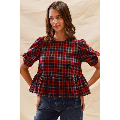 Red/Navy Christmas Holiday Plaid Ribbon Short Sleeve Peplum Top by So Me