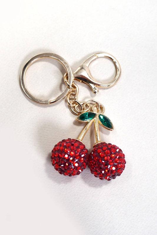 RHINESTONE CHERRY DROP KEYCHAIN BAG CHARM | 40KC127: Gold