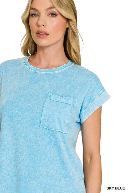 Sky Blue Snow Washed Cuffed Sleeve Tee by Zenana