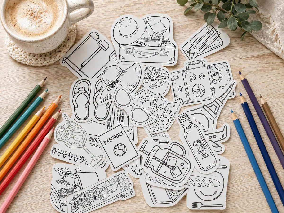 The Paper Garden Christmas color-your-own sticker kit featuring festive illustrated stickers